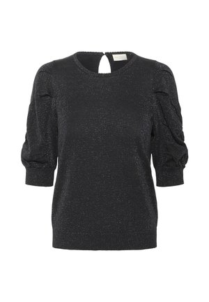 Zwarte pullover top met een subtiele glans, ronde halslijn, korte pofmouwen en een keyhole-detail aan de achterkant. Gepatineerde breisel stof.