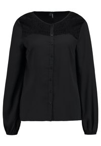Blusa nera a maniche lunghe con yoke in pizzo, chiusura a bottoni e polsini arricciati. Realizzata in un tessuto morbido con un taglio classico.