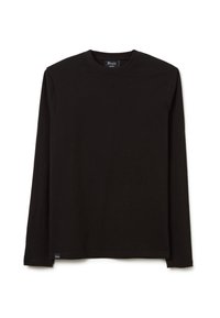 Schwarz langärmliges T-Shirt aus Baumwolle mit Rundhalsausschnitt und einem kleinen Logotag am Saum. Glatte Textur ohne Muster.