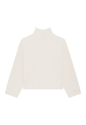 Pull-over à col montant, à manches longues, couleur blanc cassé, avec un ourlet droit et une coupe décontractée, présenté à plat sur un fond blanc.
