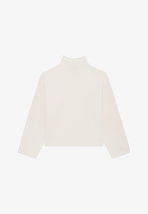 Pullover a manica lunga di colore bianco sporco, con collo alto, orlo dritto e vestibilità rilassata, mostrato disteso su uno sfondo bianco.