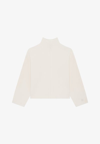Pull-over à col montant, à manches longues, couleur blanc cassé, avec un ourlet droit et une coupe décontractée, présenté à plat sur un fond blanc.