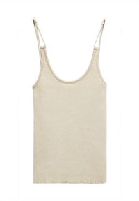 Pruhovaný tielko vo svetlo béžovej farbe s tenk�ými nastaviteľnými ramienkami. Má okrúhly výstrih a rovný lem. Hladká štruktúra.