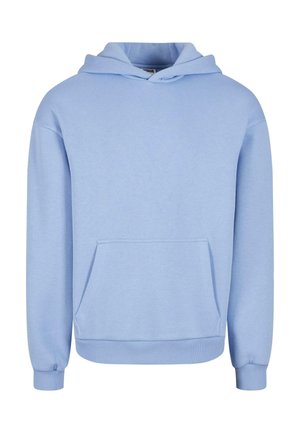 Svijetloplava hoodie izrađena od mekog materijala, s prednjim kenguruzim džepom, rebrastim manžetama i kapuljačom s vezicom. Jednostavan dizajn bez uzoraka.