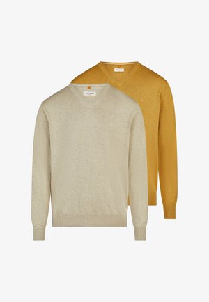 To V-hals langærmede trøjer, den ene beige foran og den anden sennepsgul bagved, begge med ribkant ved ærmeafslutninger og kant.