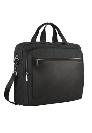 Sacoche professionnelle noire pour ordinateur portable avec doubles poignées, poche avant zippée et bandoulière réglable, fabriquée en tissu et cuir.