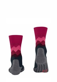 Die FALKE Socken verfügen über ein Farbverlauf-Design in Pink, Maroon und Grau. Das Material ist strukturiert und der Bereich für die Zehen ist angenehm angepasst.