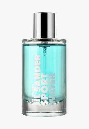 Transparent glass perfume bottle with a silver cap, containing light blue liquid. Label features white text: "Jil Sander Sport Water for Women."