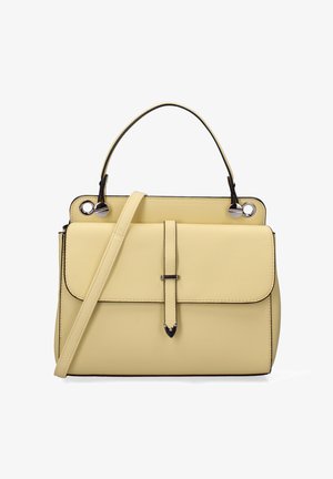 Gelbe Lederhandtasche mit strukturierter Form, verstellbarem Schulterriemen, Obergriff und silberfarbenen Hardware-Akzenten. Glatte Textur.