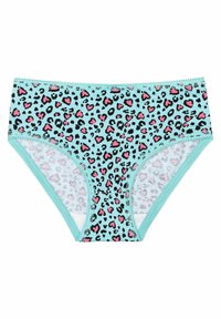 Lichtblauwe onderkleding met een zwart en roze luipaardpatroon. Bevat kantafwerking rondom de taille en benen, gemaakt van zachte stof.