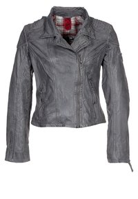 Giacca in pelle grigia con chiusura a zip frontale, superficie testurizzata e fodera a quadri. Presenta dettagli sulle spalle e polsini con zip.