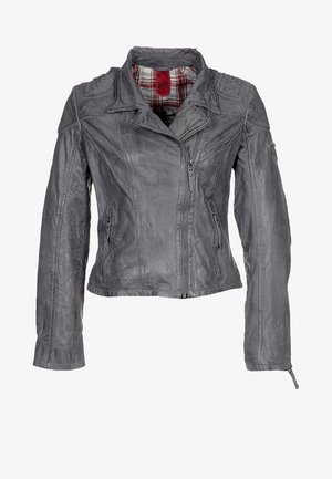 Harmaa nahkatakki, jossa on vetoketjukiinnitys, teksturoitu pinta ja ruudullinen vuori. Varustettu olka-akselilla ja vetoketjullisilla hihansuilla.