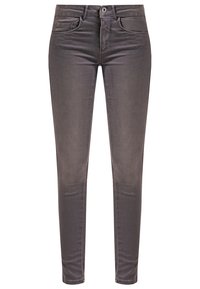 Vaqueros ajustados en denim gris oscuro, con una textura suave, diseño de cinco bolsillos y cierre delantero con botón y cremallera.