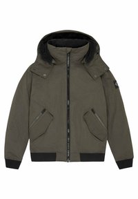 Oliwkowa kurtka parka z kapturem podszytym sztucznym futrem, z zamkiem błyskawicznym z przodu oraz dwoma kieszeniami bocznymi na suwak. Posiada ściągacze na mankietach i kołnierzu.