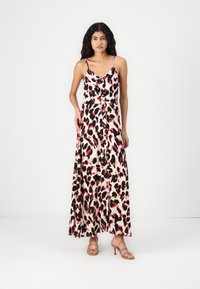 Satin maxi suknelė su rožiniu pagrindu ir juodu, rudu bei raudonu leopardiniu raštu. Savybės - plonos dirželiai ir mygtukų eilių užsegimas priekyje.