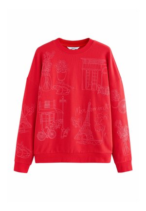 Röd sweatshirt med vita broderade skisser av blommor, ett café, Eiffeltornet och en cykel. Ribbad halsringning och muddar.