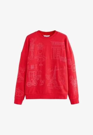 Rotes Sweatshirt mit weißen, aufgestickten Skizzen von Blumen, einem Café, dem Eiffelturm und einem Fahrrad. Gerippter Ausschnitt und Bündchen.
