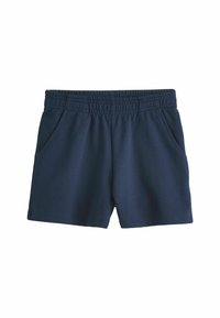Shorts de sport bleu marine avec une taille élastique, poches latérales et une texture de tissu lisse. Présente une coupe droite et un design minimaliste.