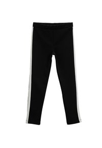 Leggings negros con rayas laterales blancas. Fabricados en tejido suave, con una cinturilla elástica. Diseño simple sin patrones ni acentos.