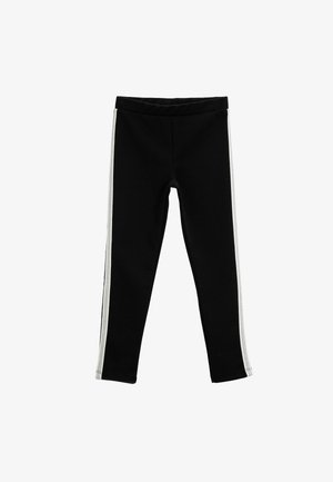 Czarne legginsy z białymi paskami po bokach. Wykonane z miękkiego materiału, z elastycznym pasem. Prosty design bez wzorów czy akcentów.