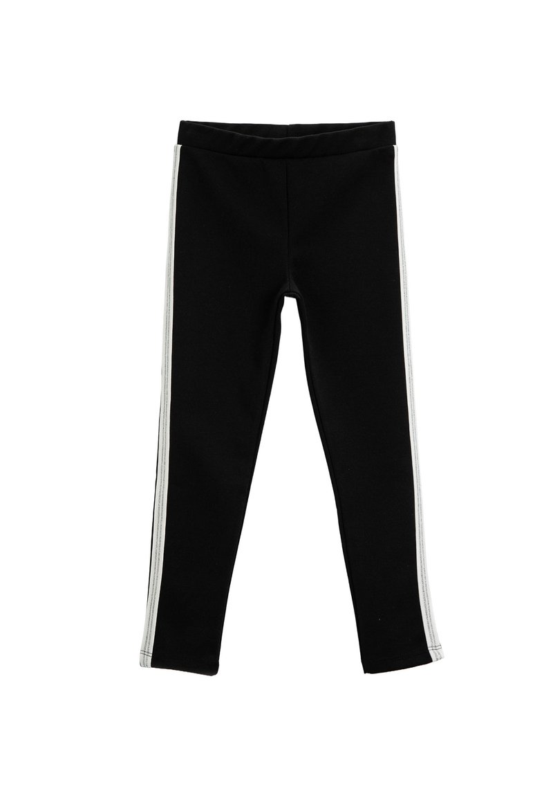 Leggings negros con rayas laterales blancas. Fabricados en tejido suave, con una cinturilla elástica. Diseño simple sin patrones ni acentos.