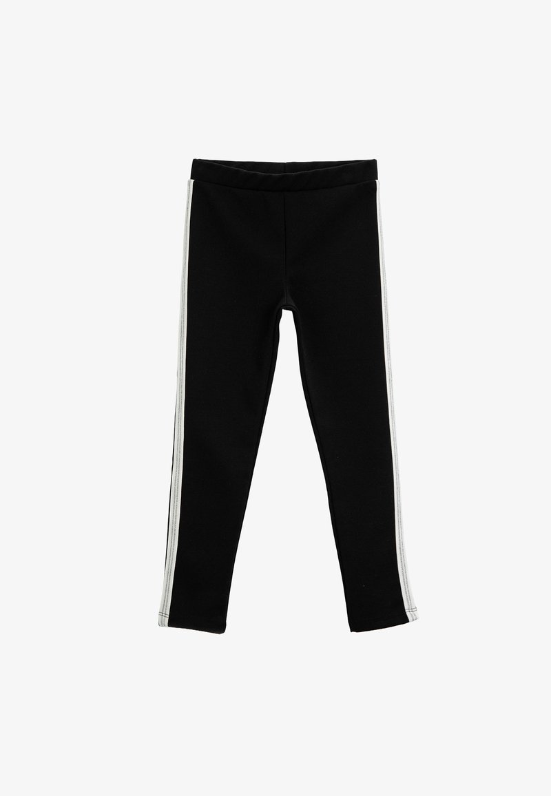 Leggings negros con rayas laterales blancas. Fabricados en tejido suave, con una cinturilla elástica. Diseño simple sin patrones ni acentos.
