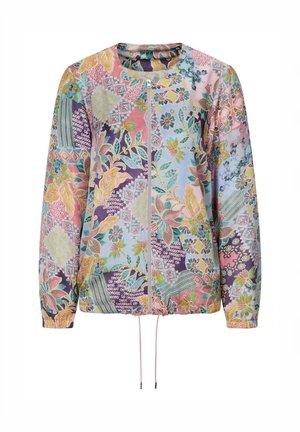 Langärmelig jack met ritssluiting, kleurrijk patchworkpatroon van bloemen en geometrische vormen in pastelkleuren, en een verstelbare trekkoordzoom.