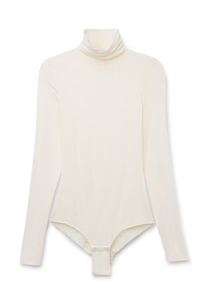 Bodysuit a maniche lunghe in morbido tessuto crema con collo alto. Caratterizzato da un design senza cuciture e chiusure a pressione sul fondo per una facile vestibilità.
