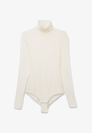 Bodysuit s dlouhým rukávem z jemné krémové látky s vysokým límcem. Charaktersitický bezešvý design a patentky ve spodní části pro snadné oblékání.