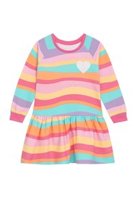Langärmliges Kleid mit mehrfarbigen, wellenförmigen Streifen in Rosa, Blau, Gelb und Lila, sowie einem glitzernden Herzmotiv auf der Brust.