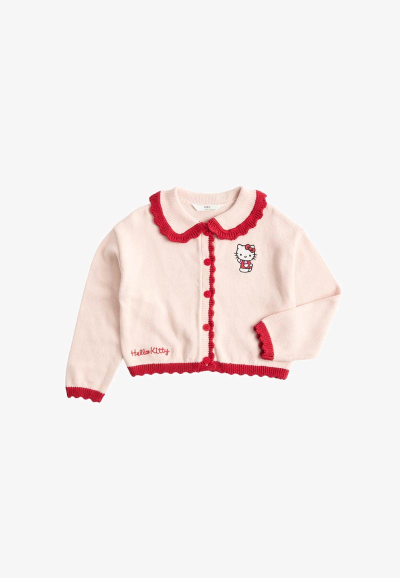 Jasnoróżowy sweterek dziecięcy z czerwonym falbankowym wykończeniem, czerwonymi guzikami, naszywką Hello Kitty na piersi oraz haftowanym napisem „Hello Kitty” w pobliżu brzegu.
