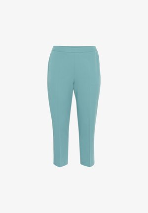 Personalizēti krītoši bikses gaiši zilos toņos ar pieguļošu jostasvietu, gludu auduma tekstūru un sānu kabatām. Vienkārša dizaina ar skaidrām līnijām.