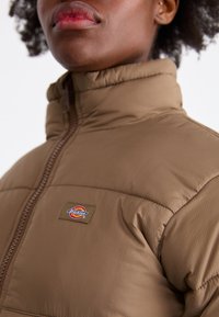 Giacca imbottita marrone con colletto alto e chiusura con zip, dotata di una patch con il logo Dickies sul lato sinistro del petto. Tessuto leggero e testurizzato.