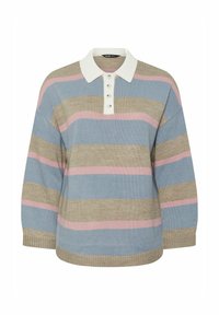 Maglione a righe blu, beige e rosa, con colletto polo bianco e pattina con quattro bottoni. Tessuto a maglia testurizzato con vestibilità ampia.