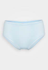 Light blue bikini bottom with vertical stripes, moderate coverage, elastic waistband, and contrasting white trim along the edges.