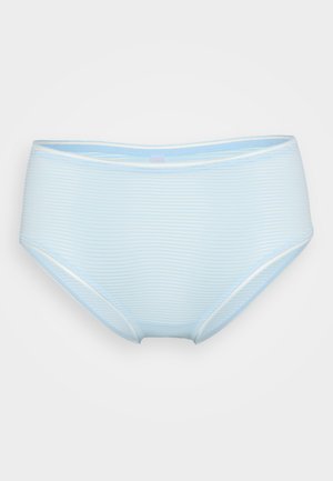 Bas de bikini bleu clair avec des rayures verticales, couvrance modérée, taille élastique et bord contrastant blanc le long des bords.