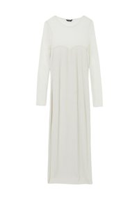 Robe à manches longues en tissu blanc doux et texturé avec un bustier ajusté et une jupe fluide. Présente un col rond et un design sans couture.