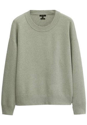 Light gray crewneck sweater with long sleeves and ribbed cuffs, neckline, and hem, displayed against a white background.