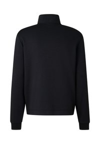 Czarna bluza zapinana na zamek, z stojącym kołnierzem, długimi rękawami, ściągaczami na mankietach i gładką fakturą. Bez widocznych wzorów ani ozdób.