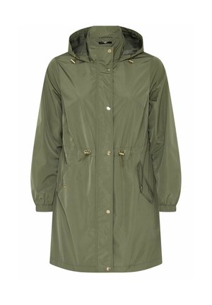 Impermeabile lungo verde oliva con cappuccio, bottoni a pressione frontali, coulisse regolabili in vita, polsini elastici e due tasche frontali.