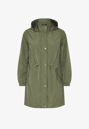 Lang olivengrøn hættejakke med trykknapper foran, justerbare snore i taljen, elastiske ærmegab og to forlommer.
