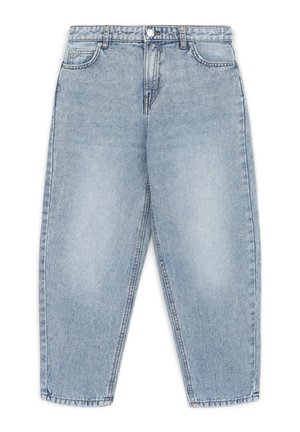Hellblaue, hochtaillierte, weit geschnittene Jeans aus Denim mit fünf Taschen, Knopfverschluss und gesteppten Nähten.