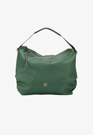 Borsa a mano in pelle verde scuro con superficie texturizzata, una maniglia superiore, chiusura con zip e un emblema dorato sul davanti.