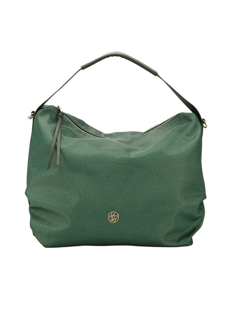 Borsa a mano in pelle verde scuro con superficie texturizzata, una maniglia superiore, chiusura con zip e un emblema dorato sul davanti.