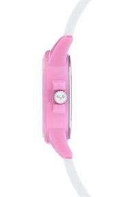 Pink plastic watch with a round case, white silicone strap, textured pink crown, and a smooth surface. Designed for casual wear.