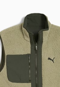 Gilet in pile beige e verde, caratterizzato da un colletto alto, zip frontale e due tasche con zip. Tessuto testurizzato di rilievo e dettaglio del logo.
