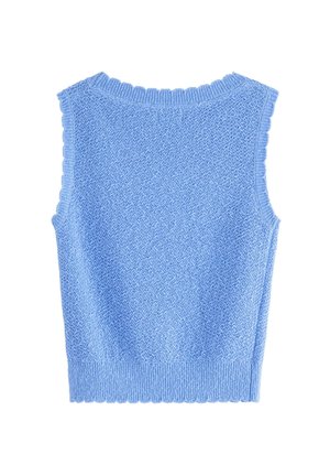 Ljusblå stickad ärmlös topp med en texturerad, något vågig krage och fåll samt en figurnära passform.