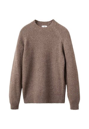 Maglione marrone a maglia con collo rotondo, polsini e orlo a coste. Presenta un motivo testurizzato e maniche raglan senza cuciture.