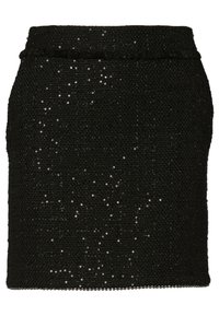 Black mini skirt made of textured fabric, adorned with sequins for added shine. Features a fitted silhouette and a banded waist.