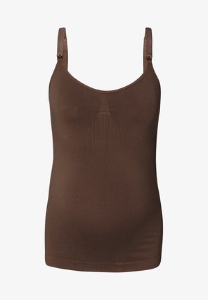 Bruine naadloze zwangerschaps tanktop met verstelbare schouderbanden en ingebouwde bh-ondersteuning.